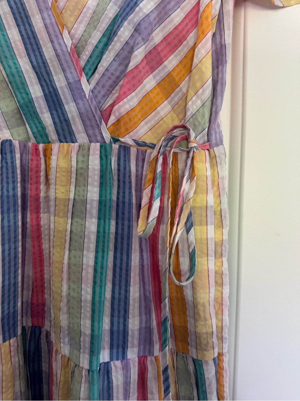 J. Crew Multi-Color Striped Faux Wrap Midi Dress With Pockets - Picture 3 of 5